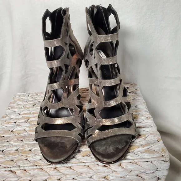 Kenneth Cole New York 7.5 M Leather Bayne Cage Heels Y3K Metallic Gun Metal - Picture 3 of 8